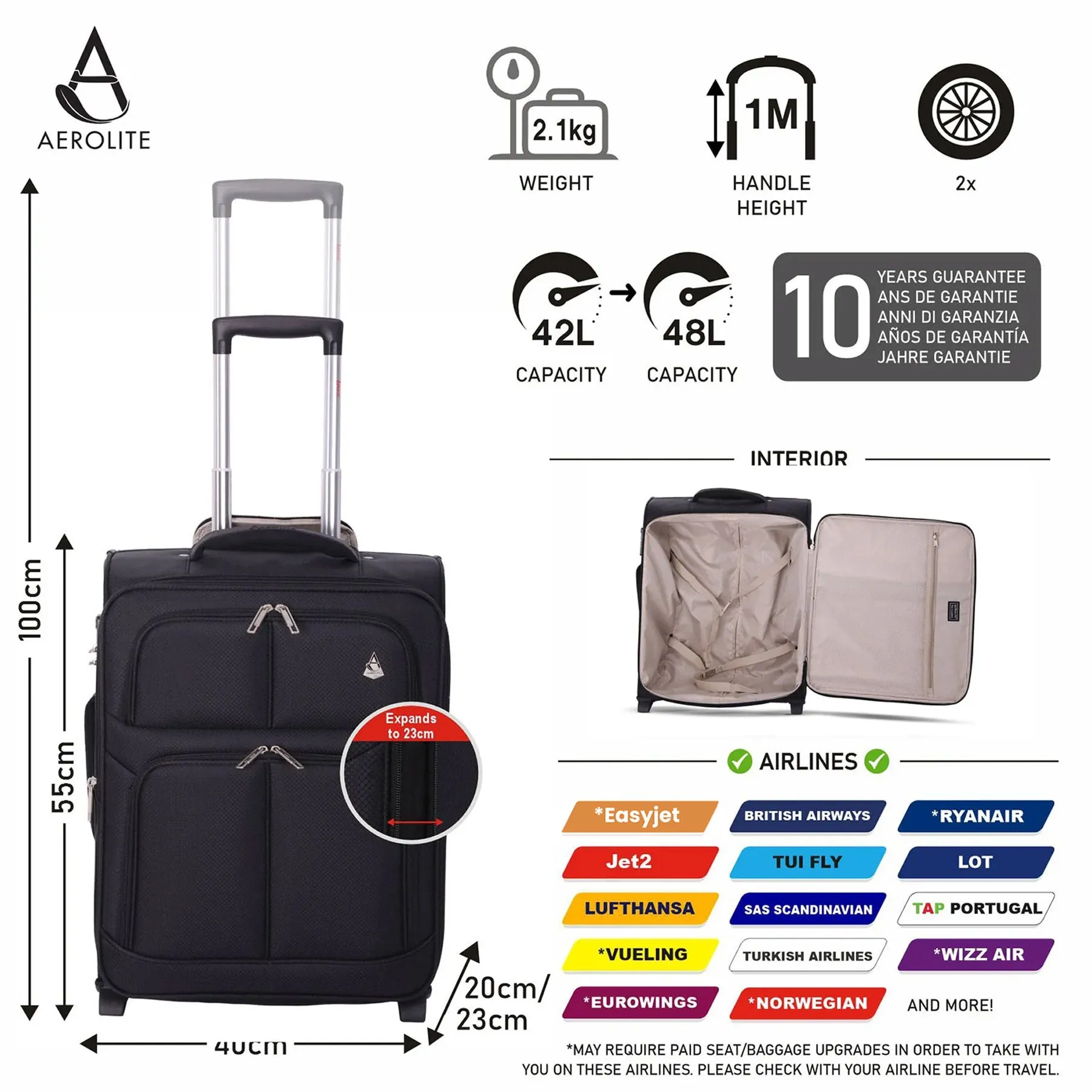 Aerolite Expandable (55x40x20cm) to (55x40x23cm) Ryanair (Priority) Maximum Allowance Lightweight Cabin Hand Luggage 2 Wheels, Maximum Size for Ryanair Priority, Wizz Air Priority, Lufthansa