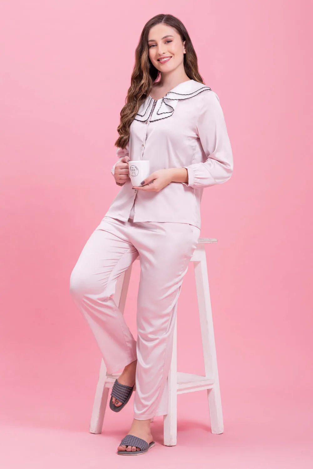 Baby Pink Satin Night suit with Buttons