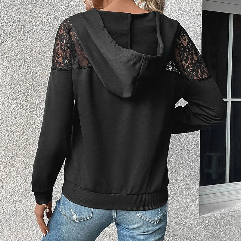 Black Lace Spliced Hooded Sweatshirts Wholesale Womens Clothing N3824090300002