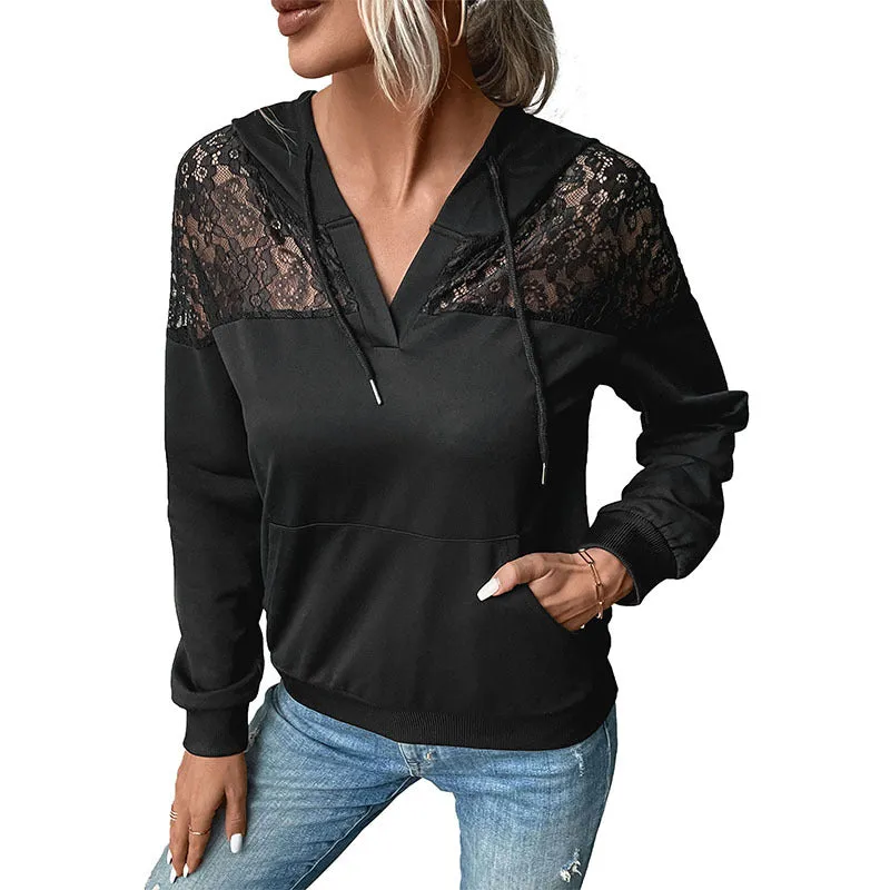 Black Lace Spliced Hooded Sweatshirts Wholesale Womens Clothing N3824090300002