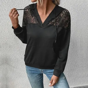 Black Lace Spliced Hooded Sweatshirts Wholesale Womens Clothing N3824090300002