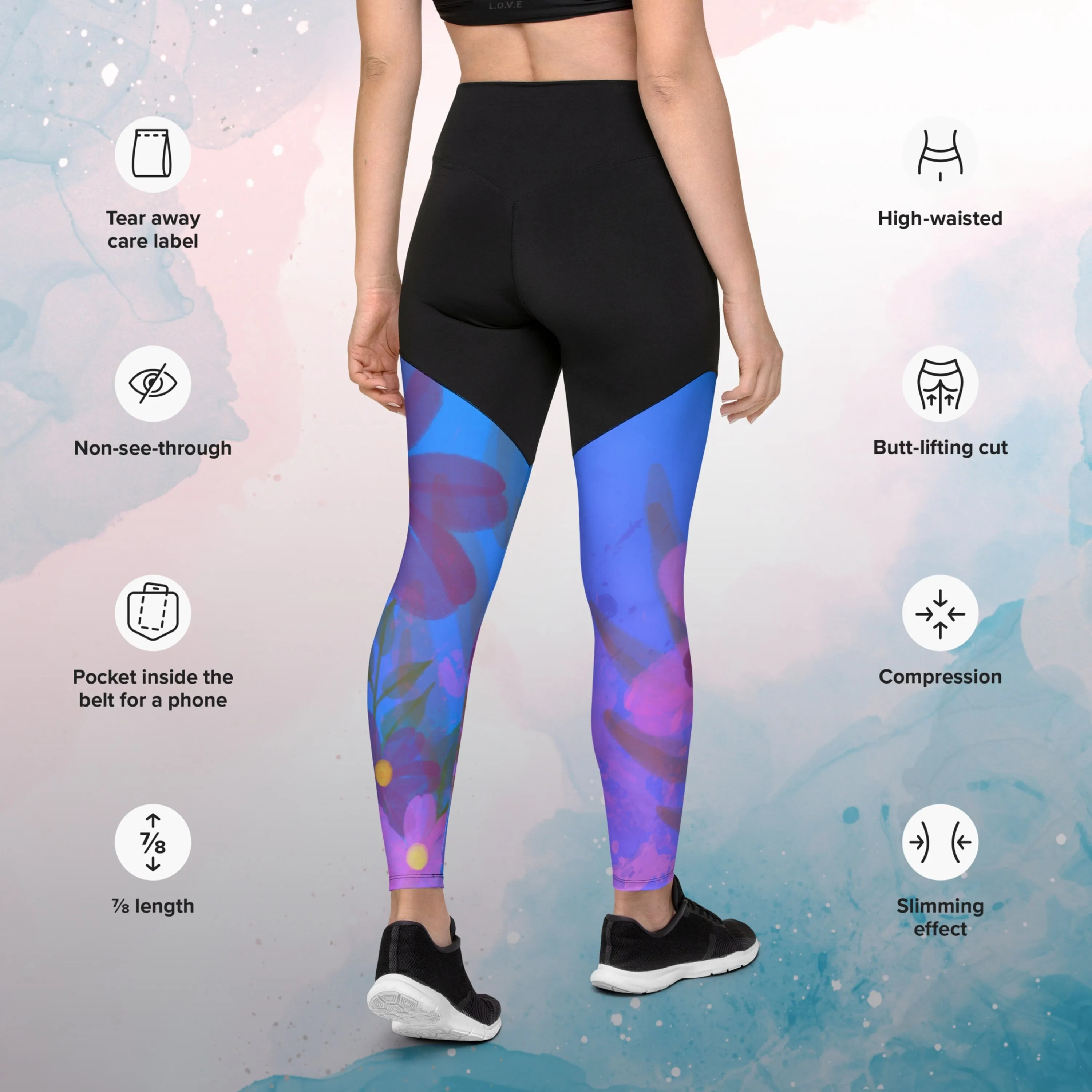 Bold Purple Watercolor Flowers Womens Compression Sports Leggings Gym Gift