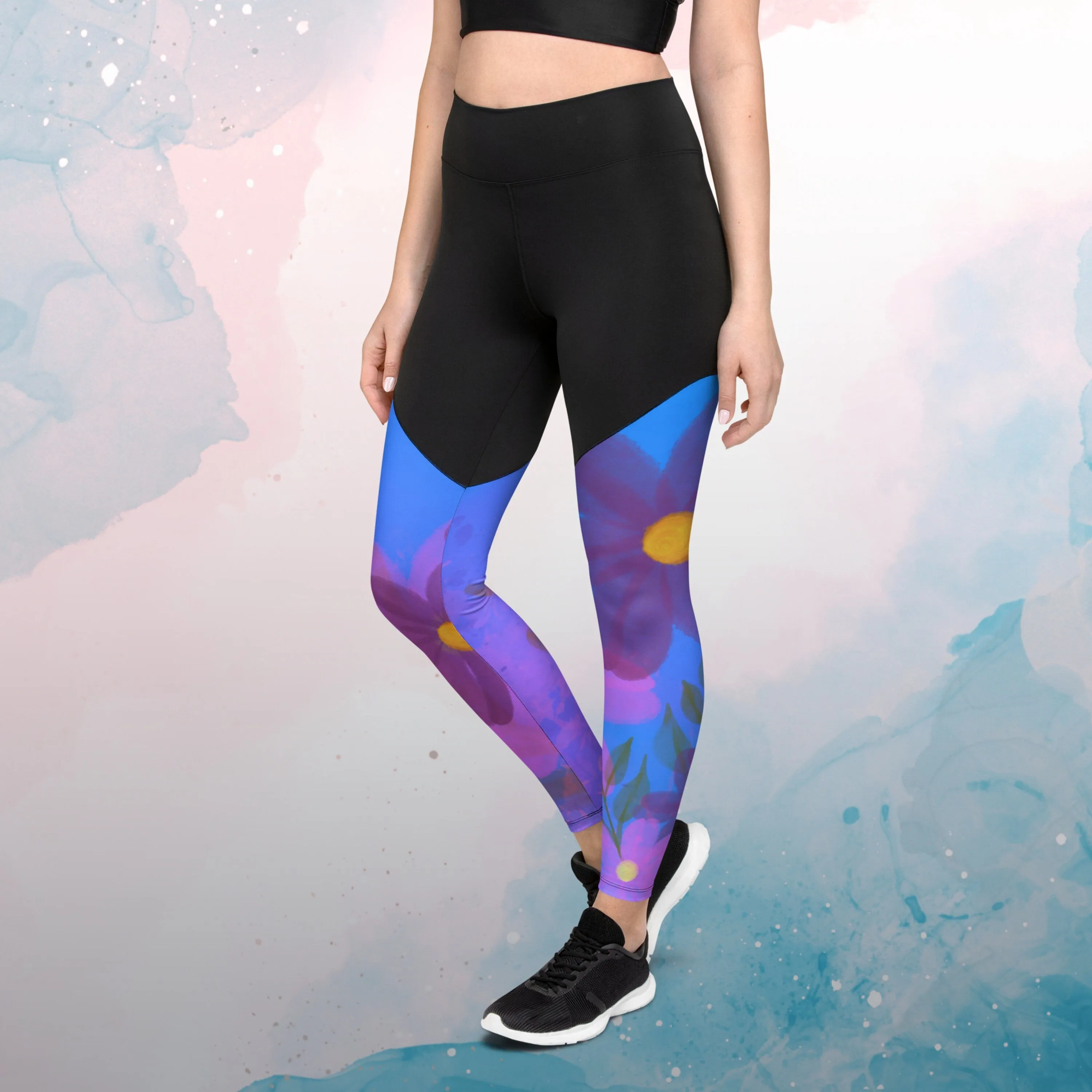 Bold Purple Watercolor Flowers Womens Compression Sports Leggings Gym Gift