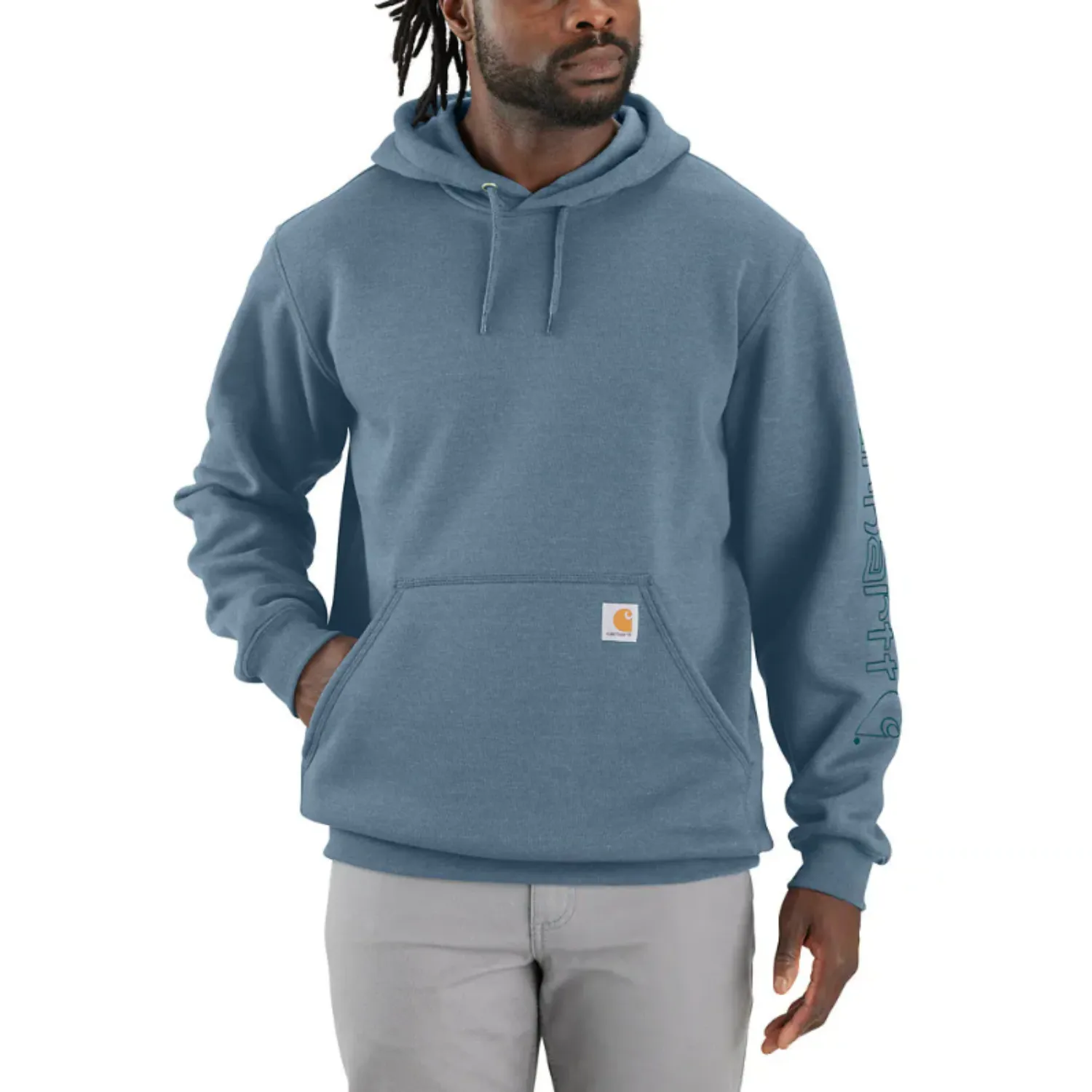 Carhartt Men's Signature Logo Hooded Pullover Sweatshirt_Thundercloud Heather