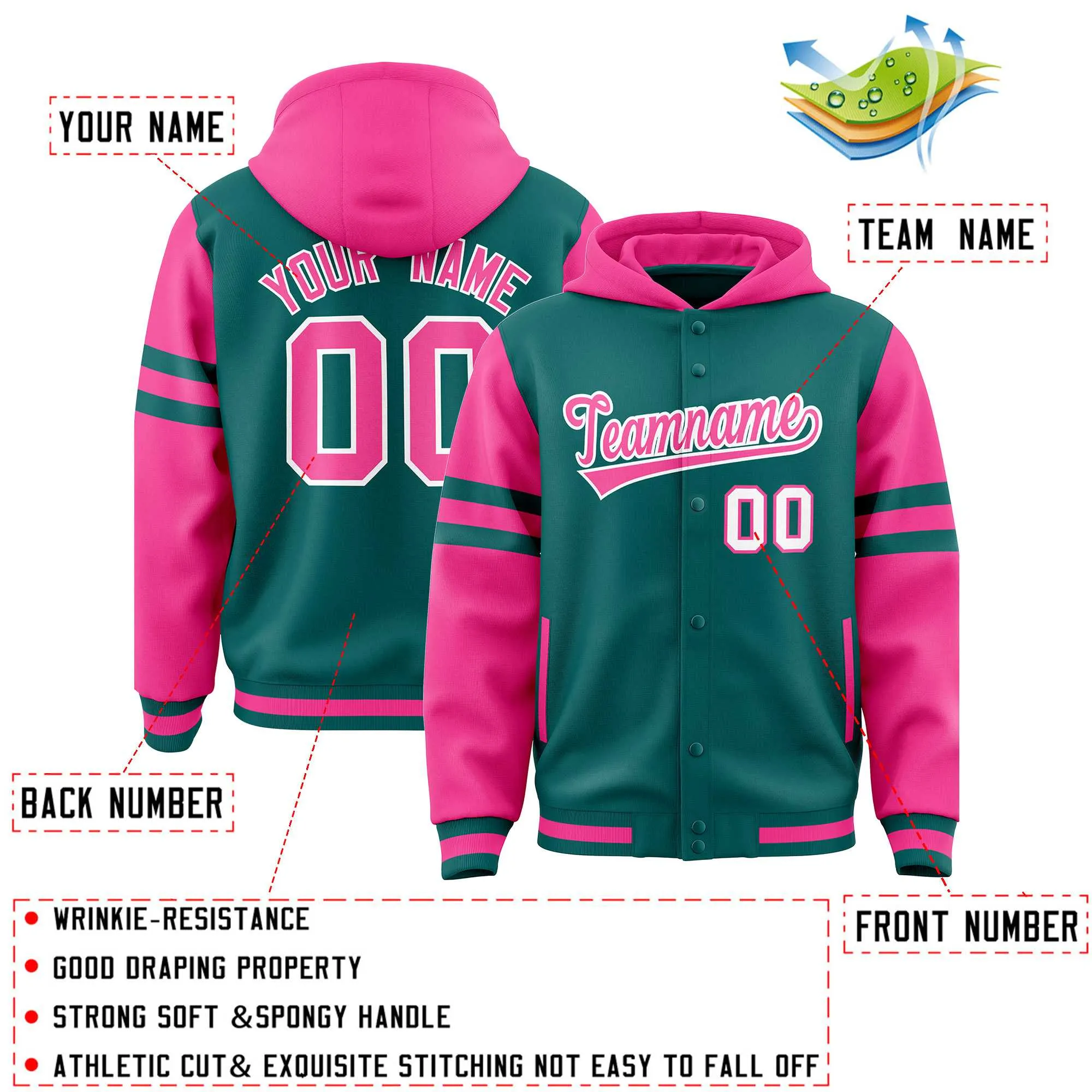 Custom Aqua Pink Raglan Sleeves Varsity Full-Snap Letterman Three Stripes Hoodie Jacket