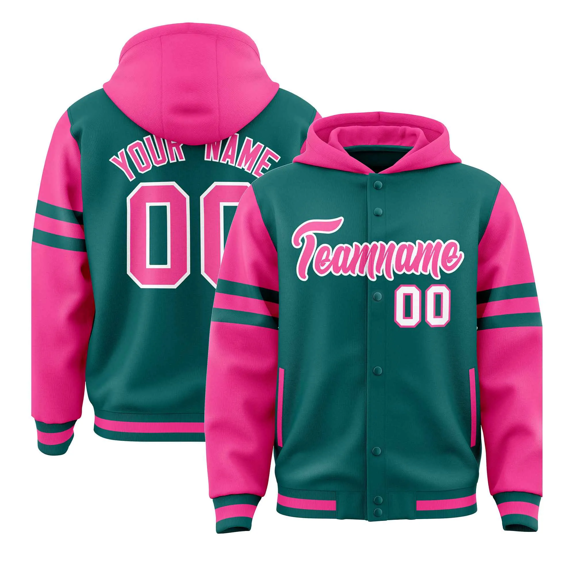 Custom Aqua Pink Raglan Sleeves Varsity Full-Snap Letterman Three Stripes Hoodie Jacket