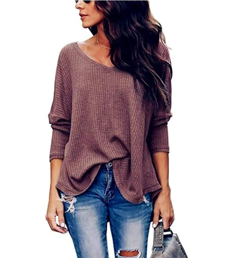 Haute Edition Slouchy Waffle Knit V-Neck Long Sleeve Tee