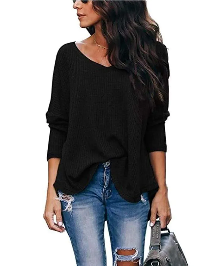 Haute Edition Slouchy Waffle Knit V-Neck Long Sleeve Tee