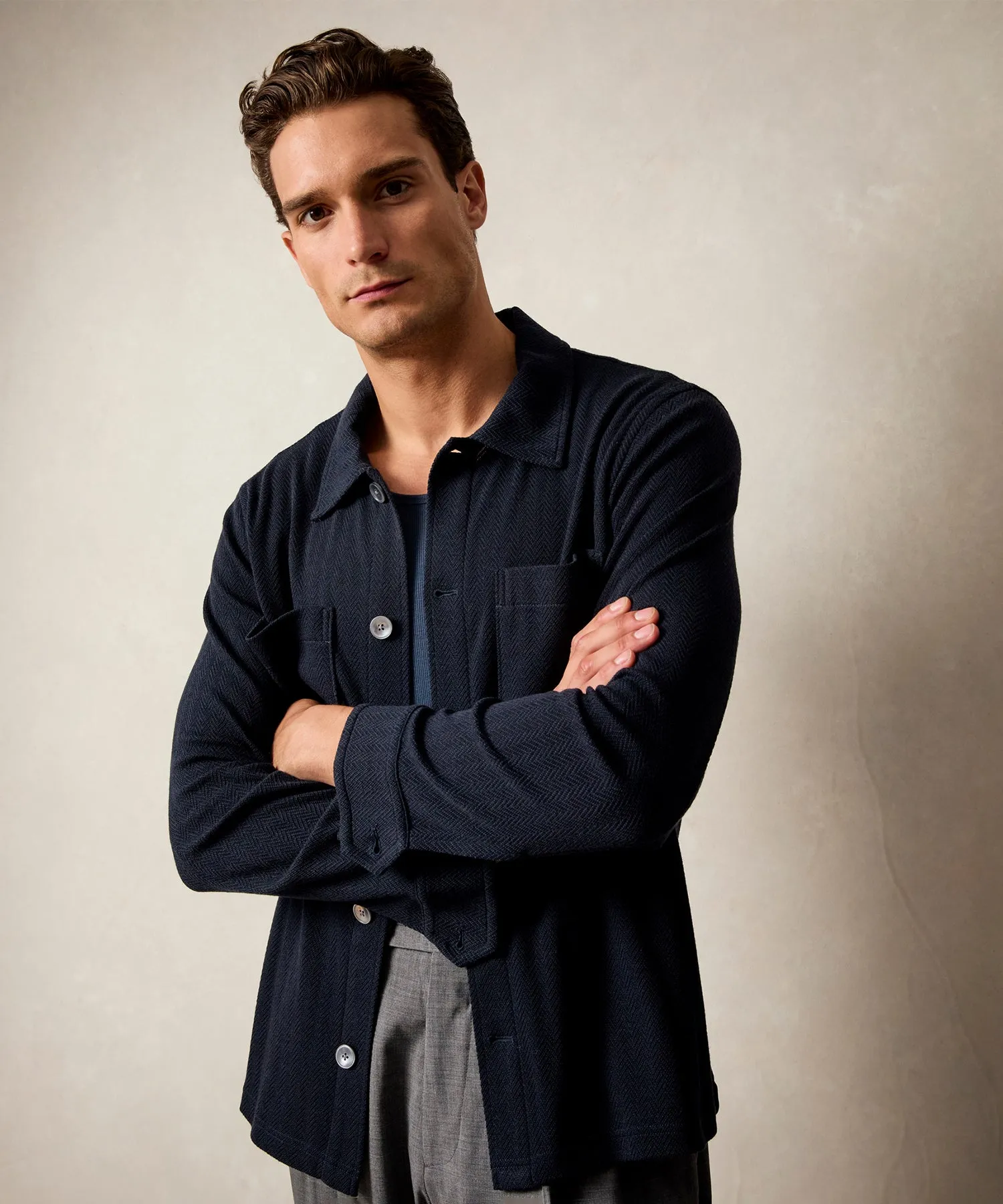 Herringbone Knit Overshirt in Classic Navy