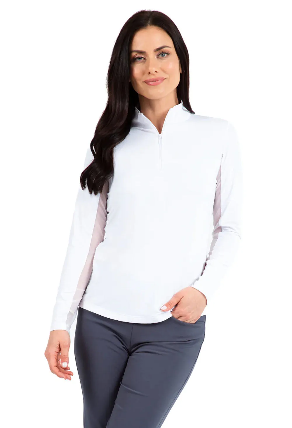 IBKUL Womens Long Sleeve Mock Solid Top - White