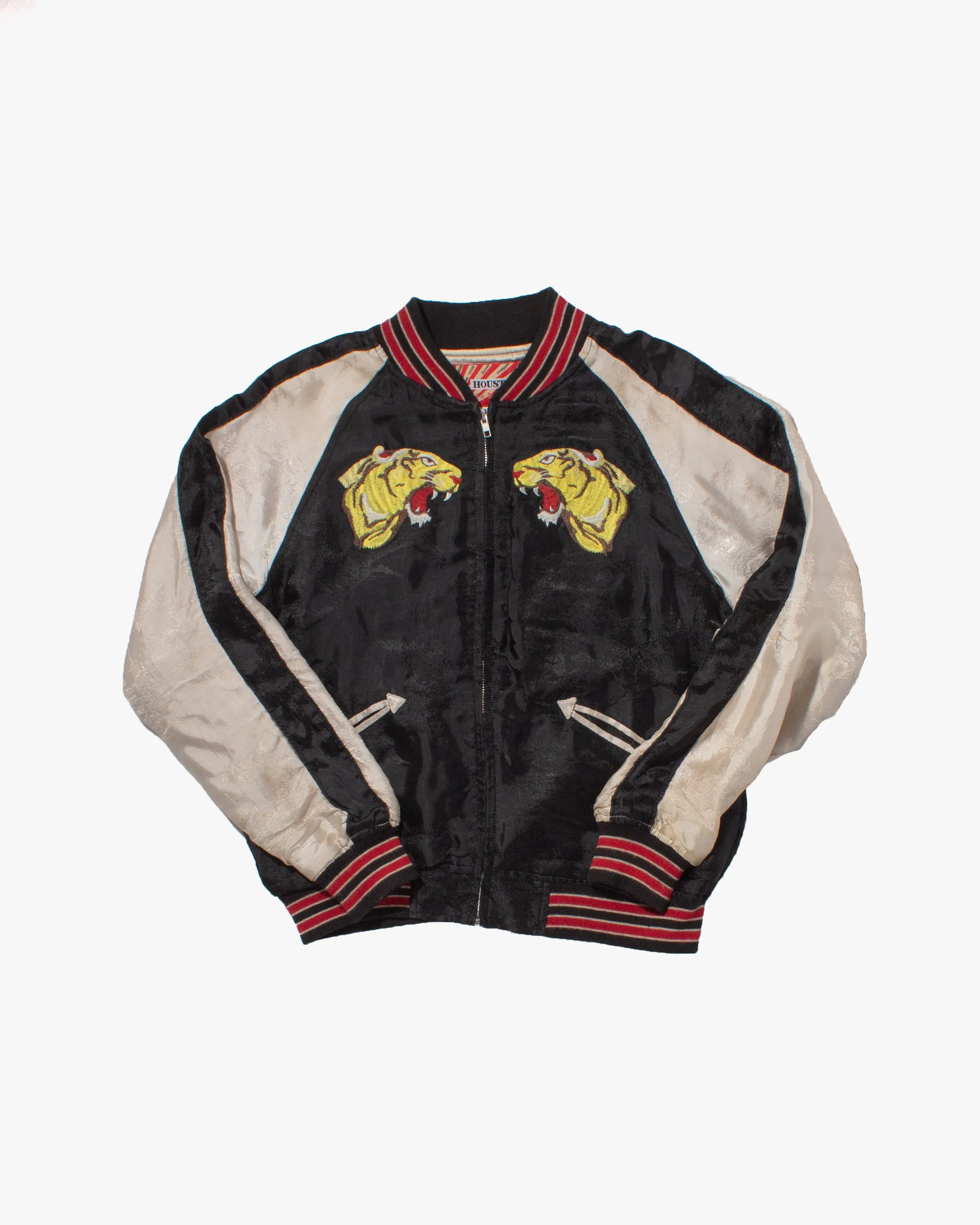 Japanese Repro Souvenir Jacket, Houston Japan Brand, Black and Cream with Yellow Tigers and Red Stripes