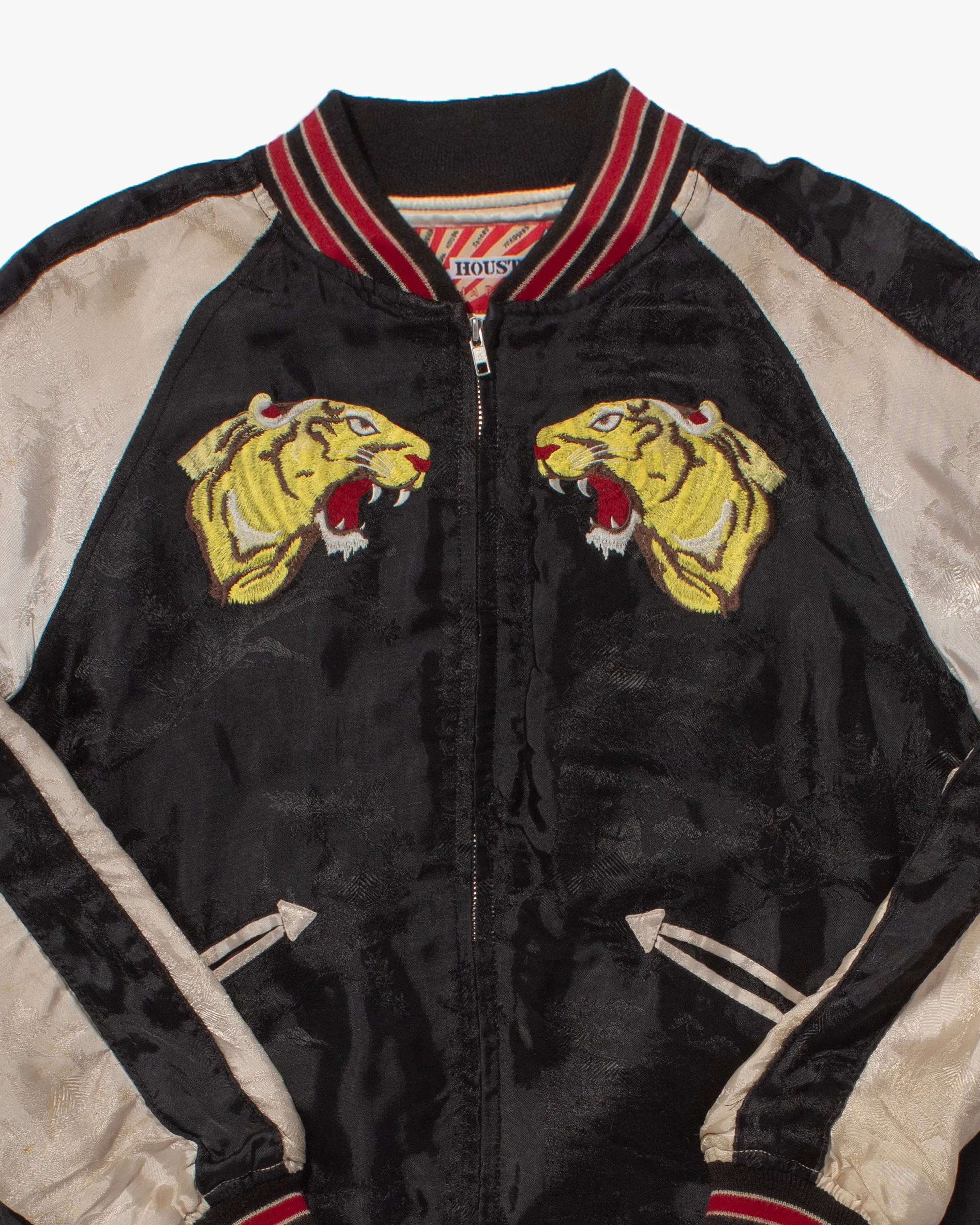 Japanese Repro Souvenir Jacket, Houston Japan Brand, Black and Cream with Yellow Tigers and Red Stripes