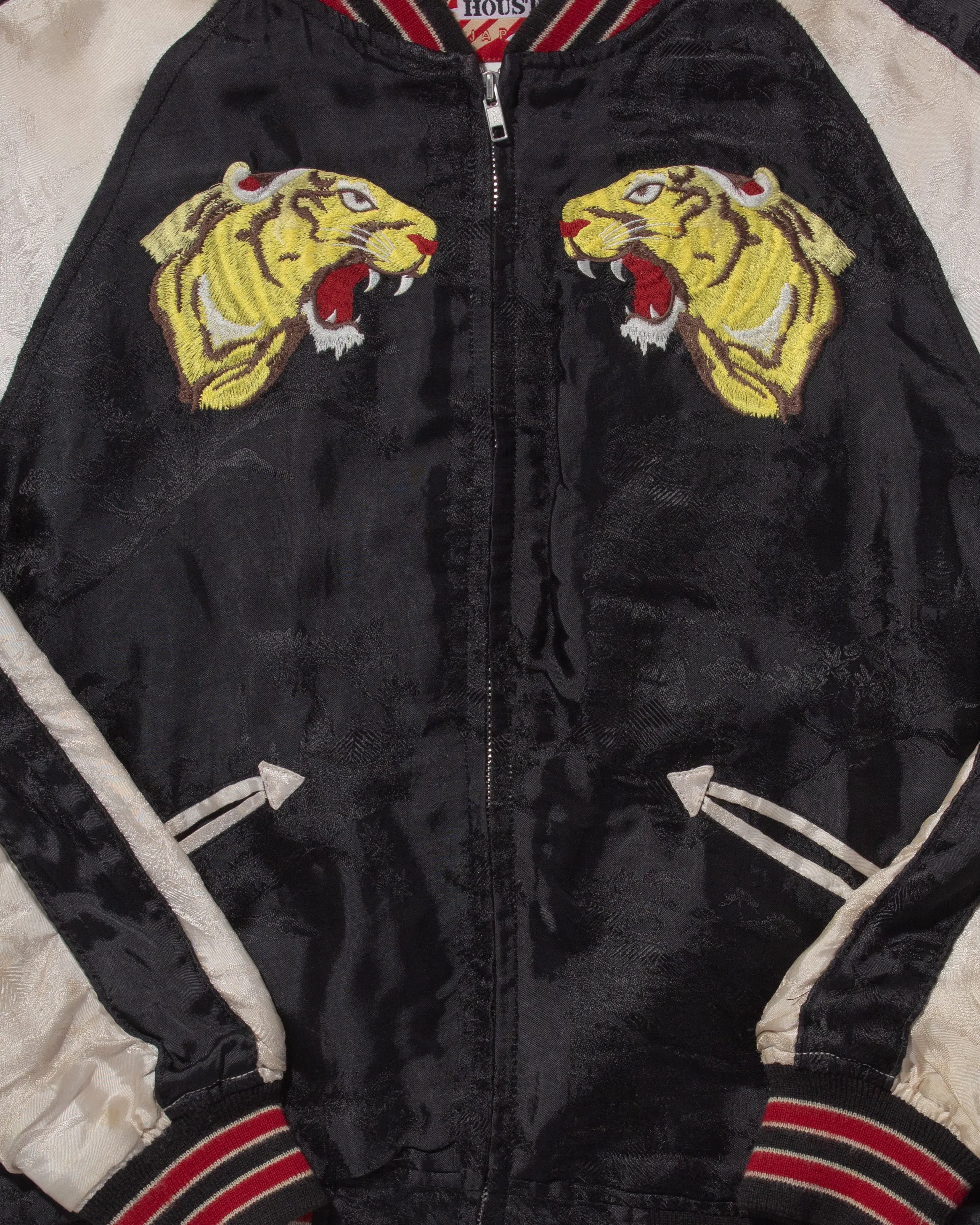 Japanese Repro Souvenir Jacket, Houston Japan Brand, Black and Cream with Yellow Tigers and Red Stripes