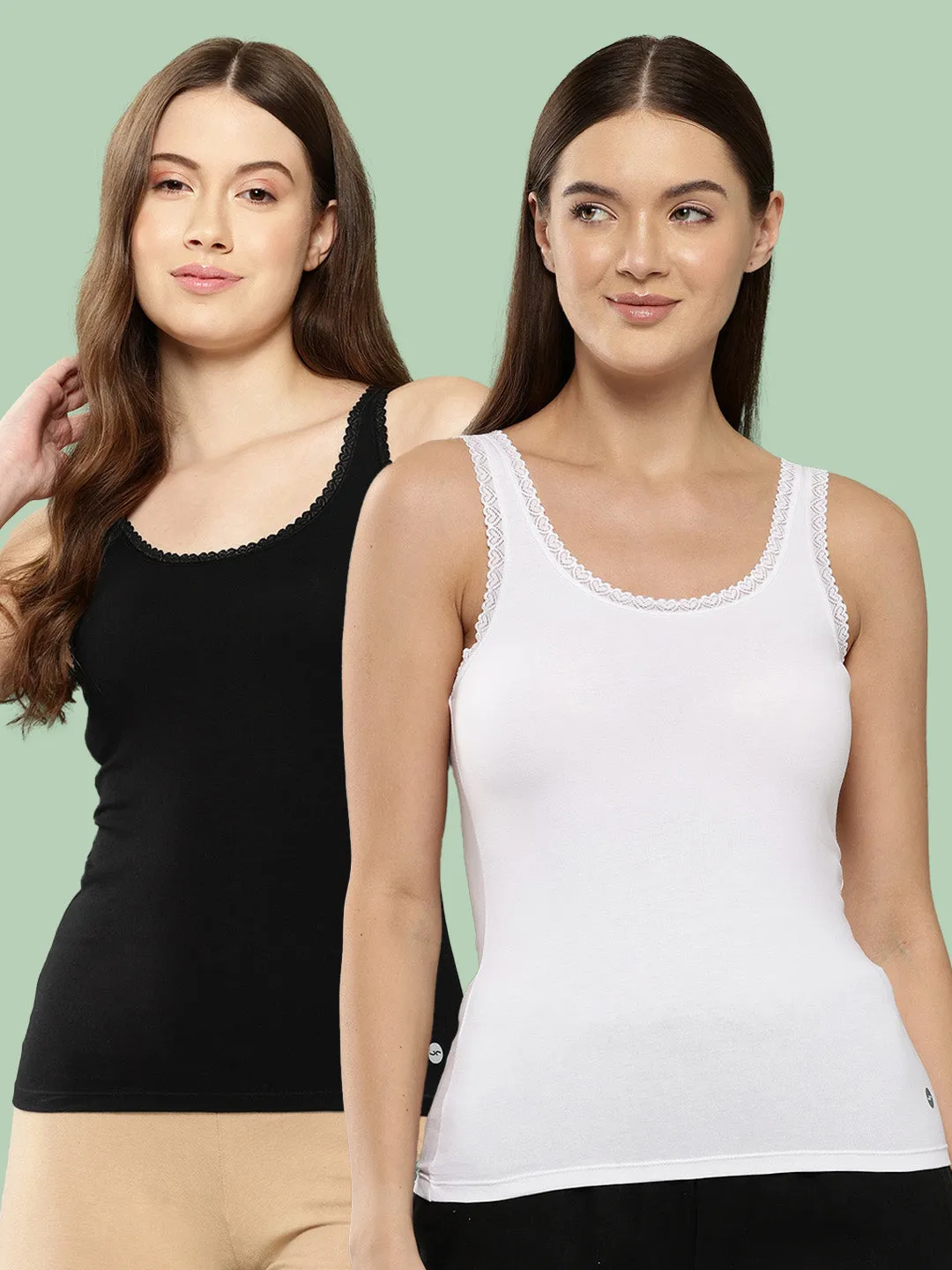 Leading Lady Women’s Solid U Neck Sleeveless Cotton Lace Camisole Regular Fit Tank Top (Pack of 2) [ LYC-02-2 ]