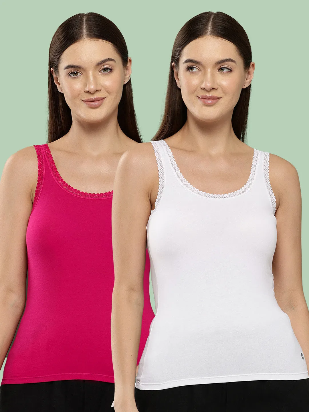 Leading Lady Women’s Solid U Neck Sleeveless Cotton Lace Camisole Regular Fit Tank Top (Pack of 2) [ LYC-02-2 ]