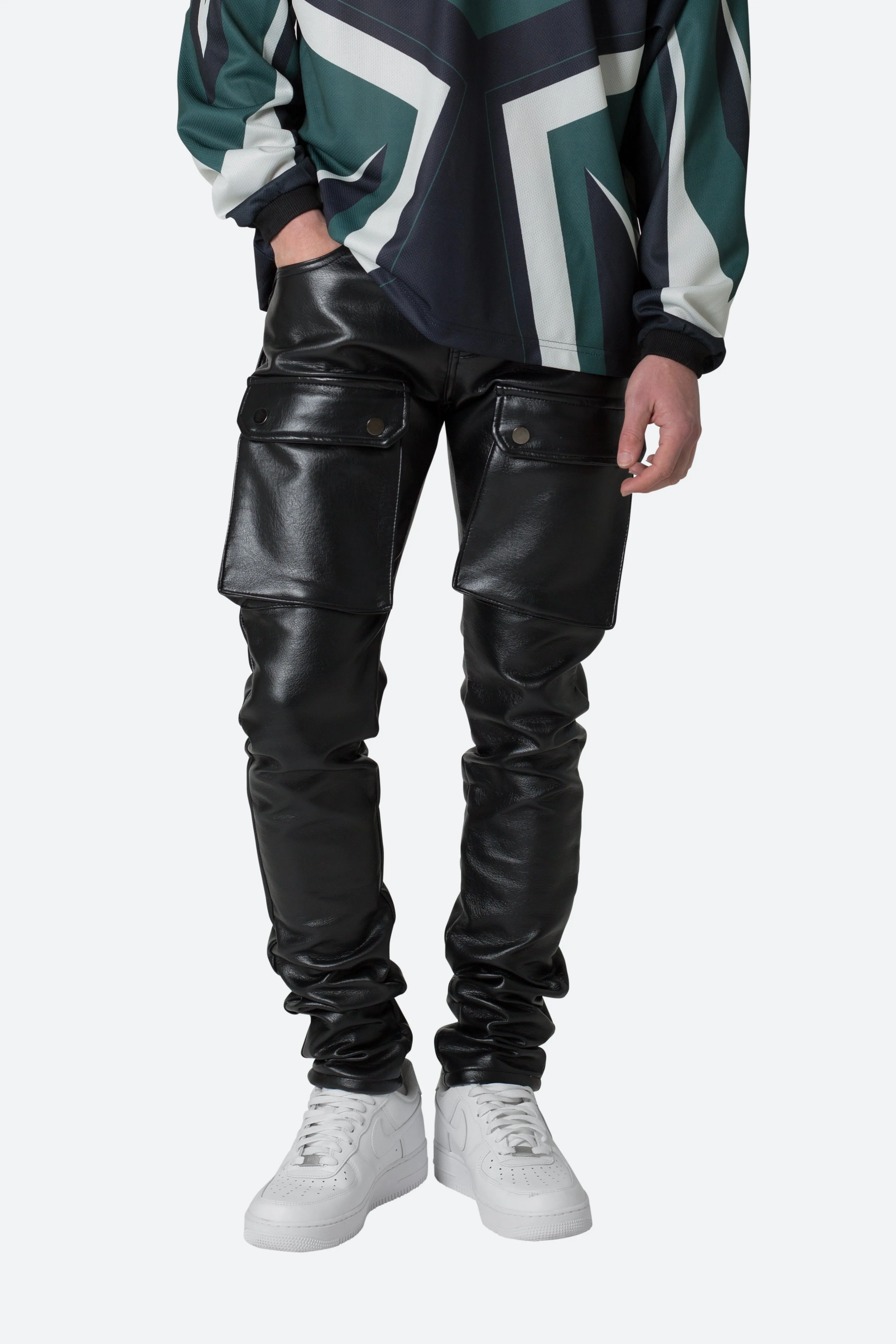 Leather Snap Cargo Pants - Black