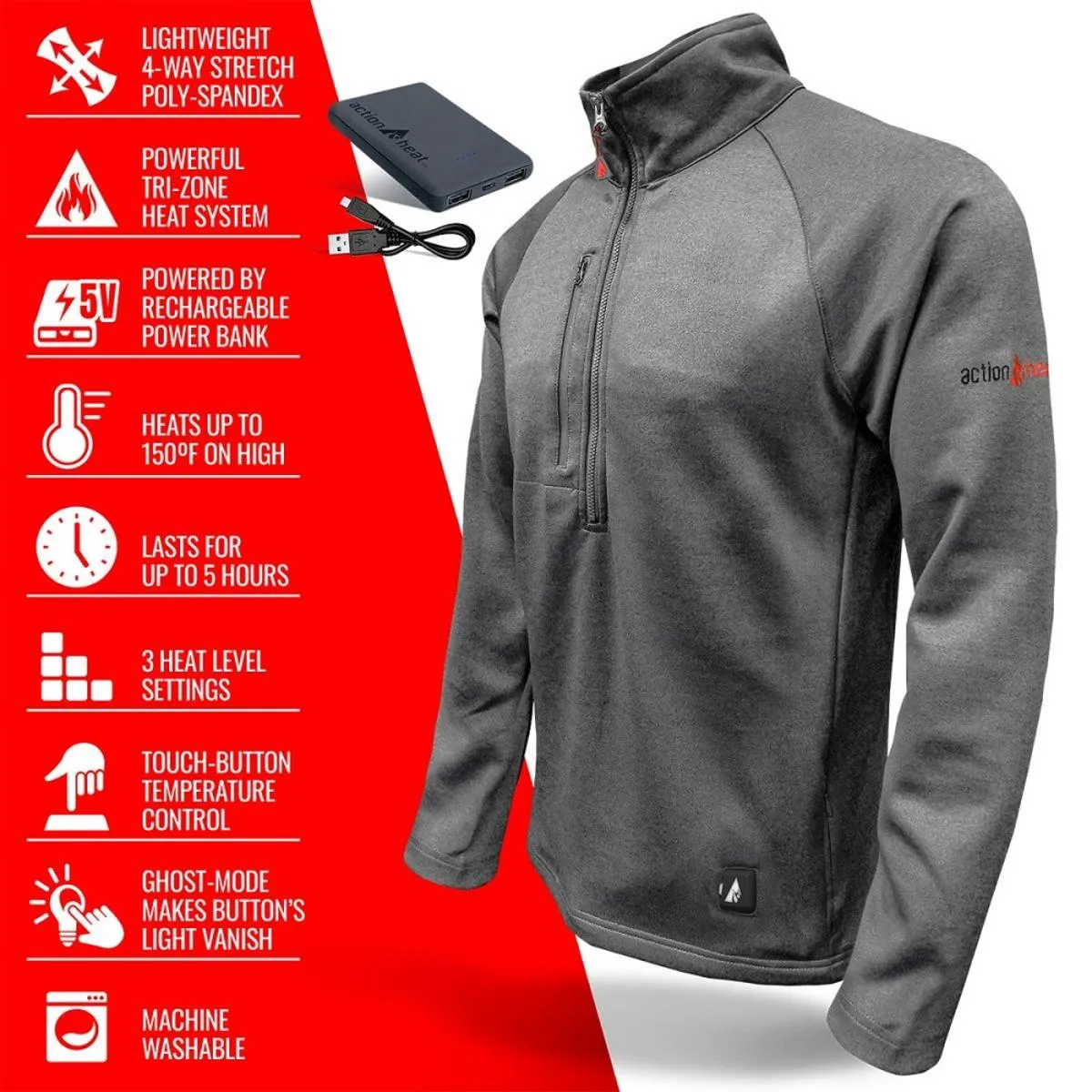 Open Box ActionHeat 5V Battery Heated 1/2 Zip Pullover Shirt - Men's