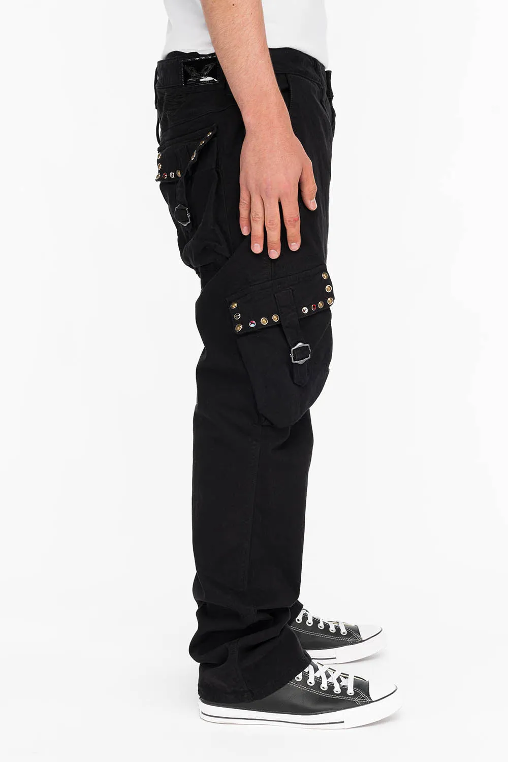 ROBINS NEW MILITARY STYLE CARGO PANTS IN BLACK WITH STUDS AND CRYSTALS