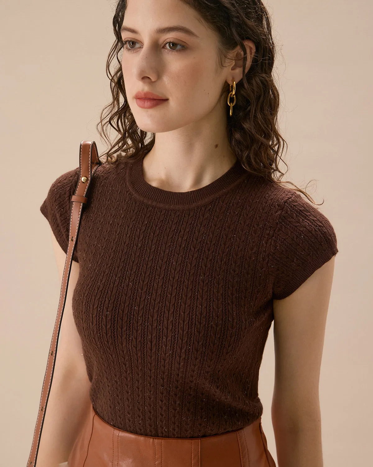 Women's Brown Crew Neck Ribbed Knit Tee